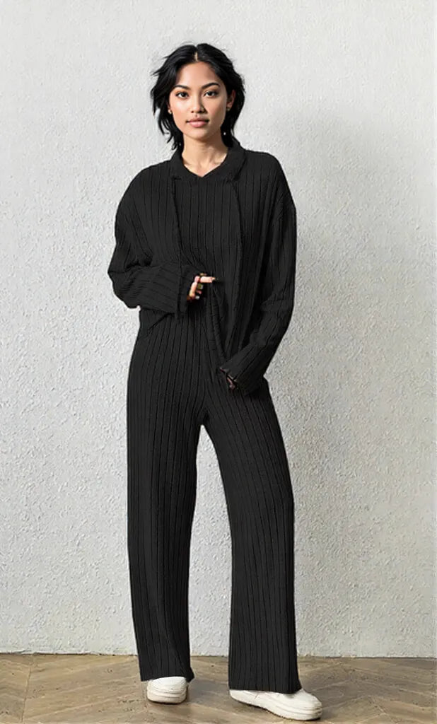 Ribbed Drawstring Hoodie and Pants Set Black