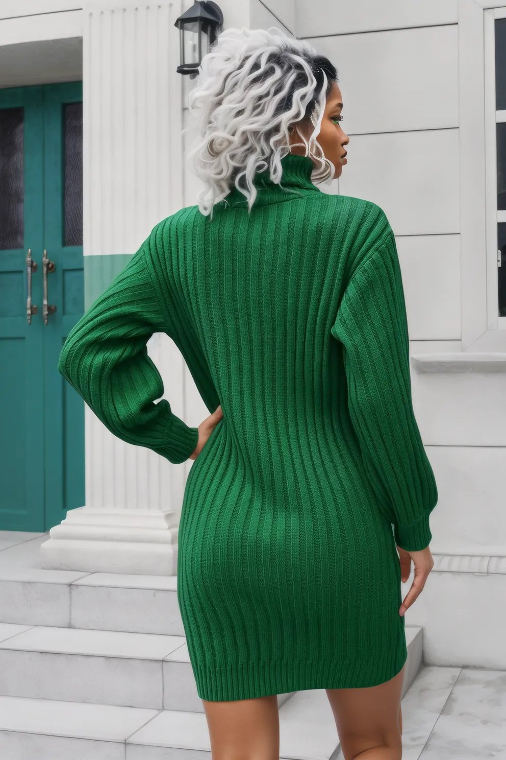 Ribbed Turtle Neck Long Sleeve Mini Sweater Dress