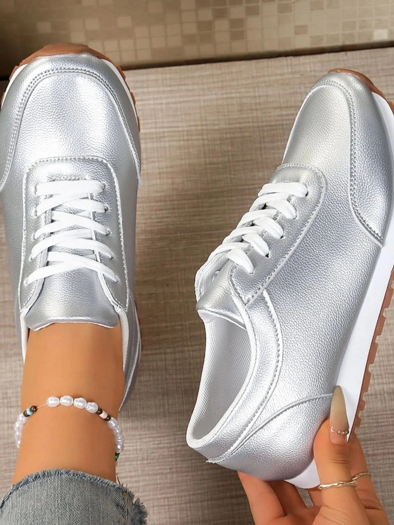 Round Toe Lace-Up Sneakers Silver