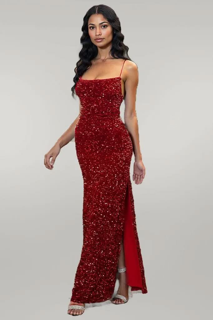 Sequin Backless Split Maxi Dress