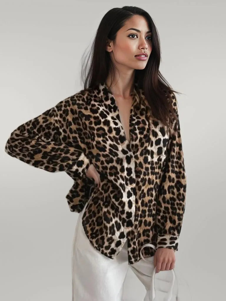 Leopard Collared Neck Long Sleeve Shirt