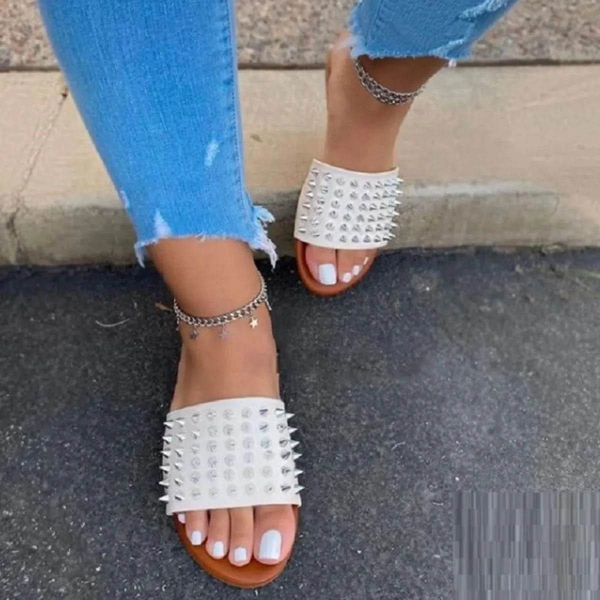 Spikey Open Toe Flats Sandals White