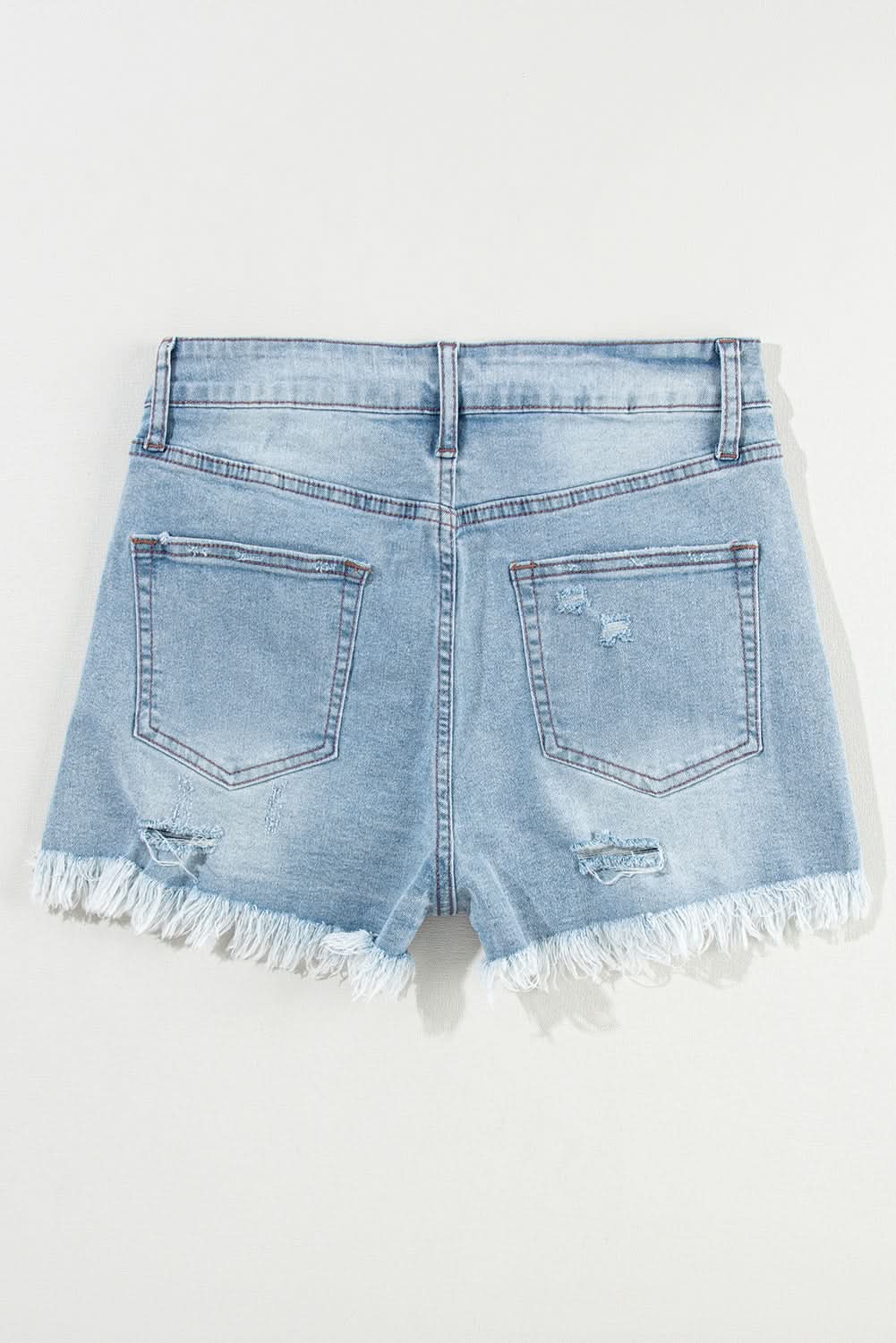 Light Blue Distressed Ripped Raw Hem High Waist Denim Shorts Light Blue 55%Cotton+42%Viscose+3%Elastane