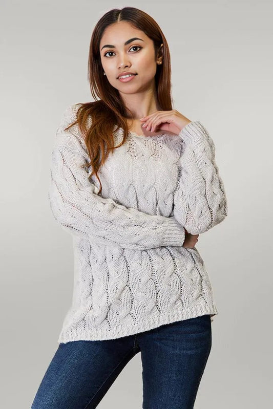 Woven Right Cable-Knit Hooded Sweater Light Gray