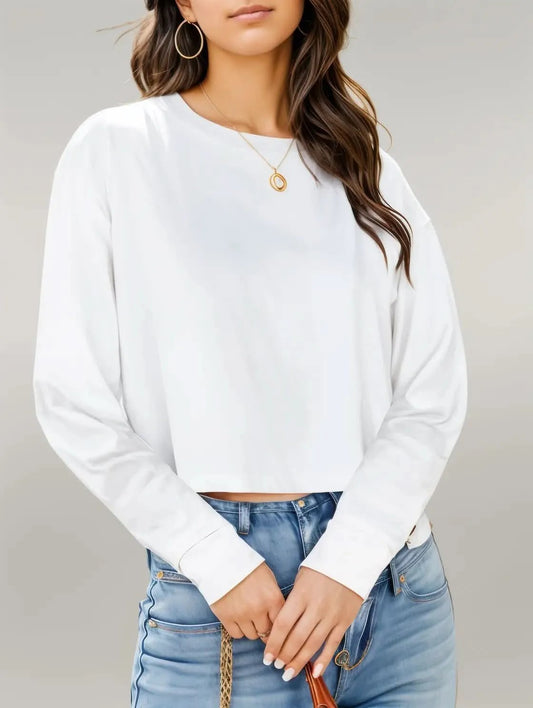 Round Neck Dropped Shoulder Long Sleeve White