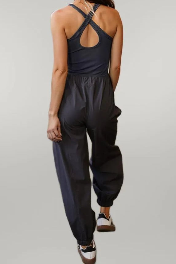 Carbon Grey Back Crossed Straps Hollow Out Jogger Jumpsuit
