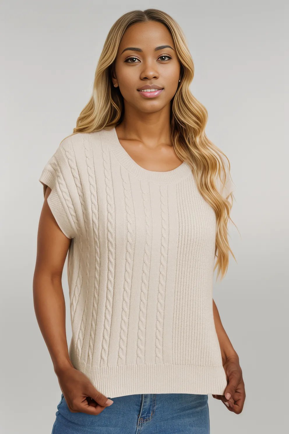 Double Take Full Size Cable-Knit Round Neck Short Sleeve Sweater