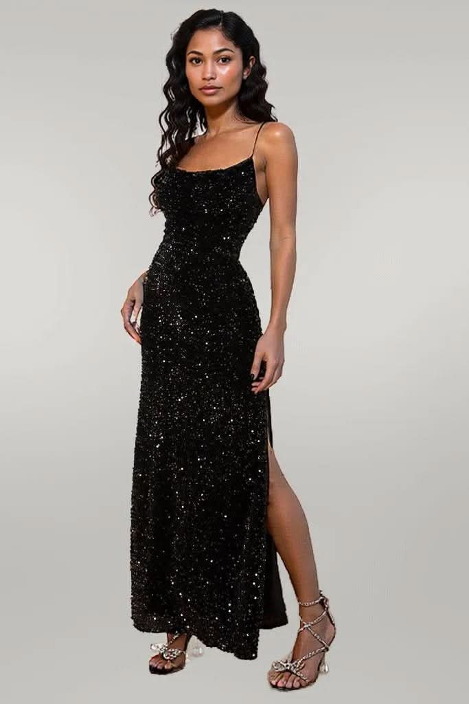 Sequin Backless Split Maxi Dress Black