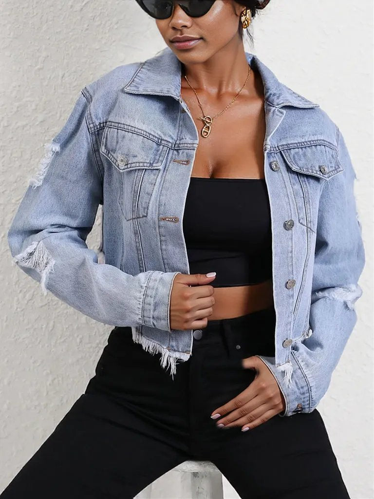 Distressed Raw Hem Button Up Denim Jacket