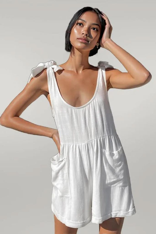 Full Size Scoop Neck Tie Shoulder Romper White
