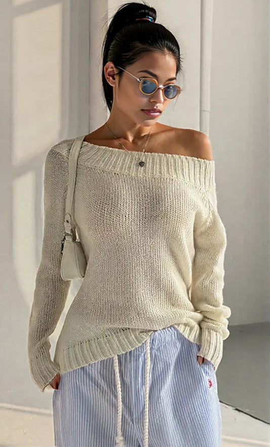 Ribbed Knit Boat Neck Sweater White