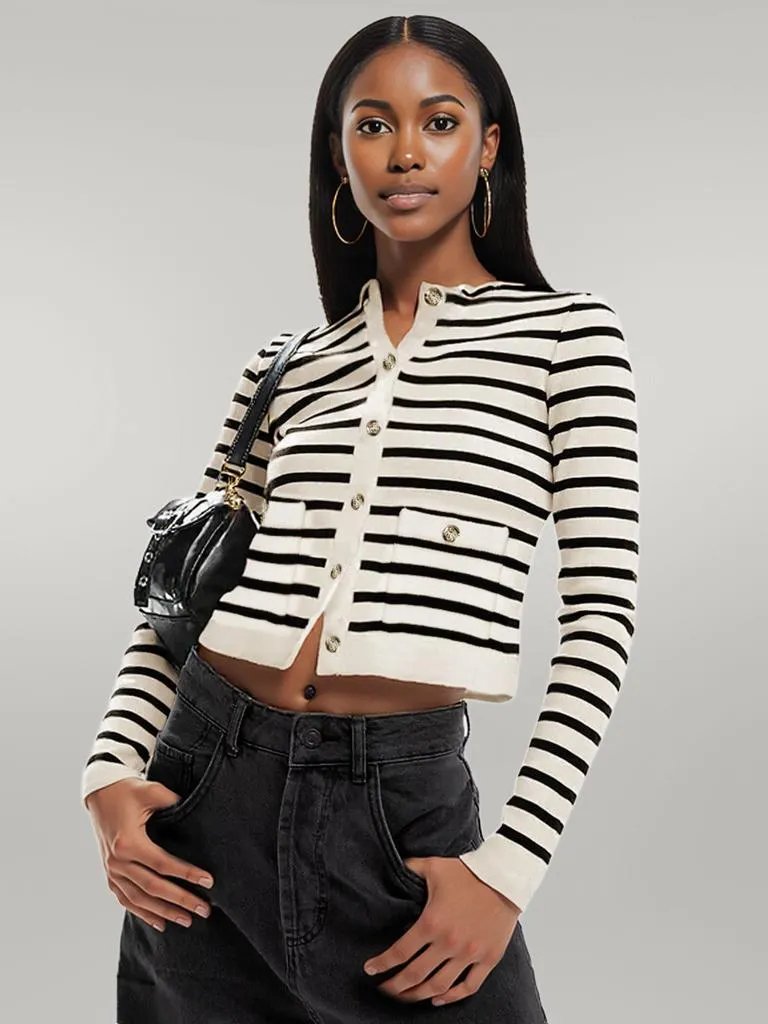 Striped Round Neck Button Up Long Sleeve Cardigan