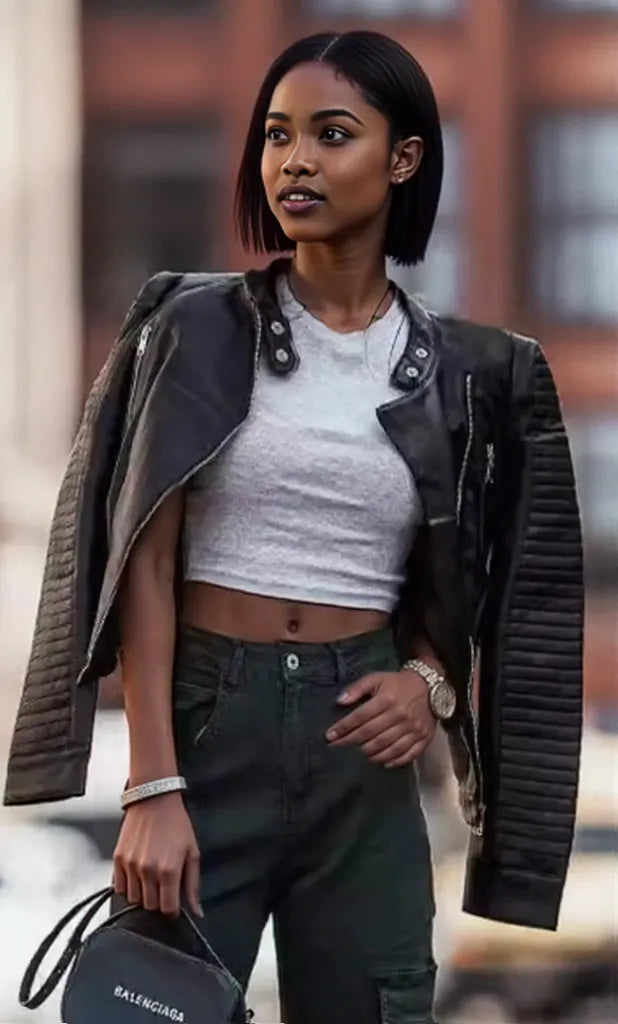 Quilted Sleeve Leather Moto Jacket Black