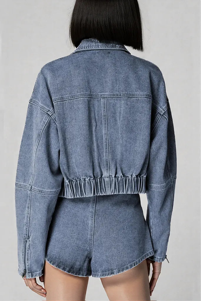 Zip Up Cropped Cargo Denim Jacket