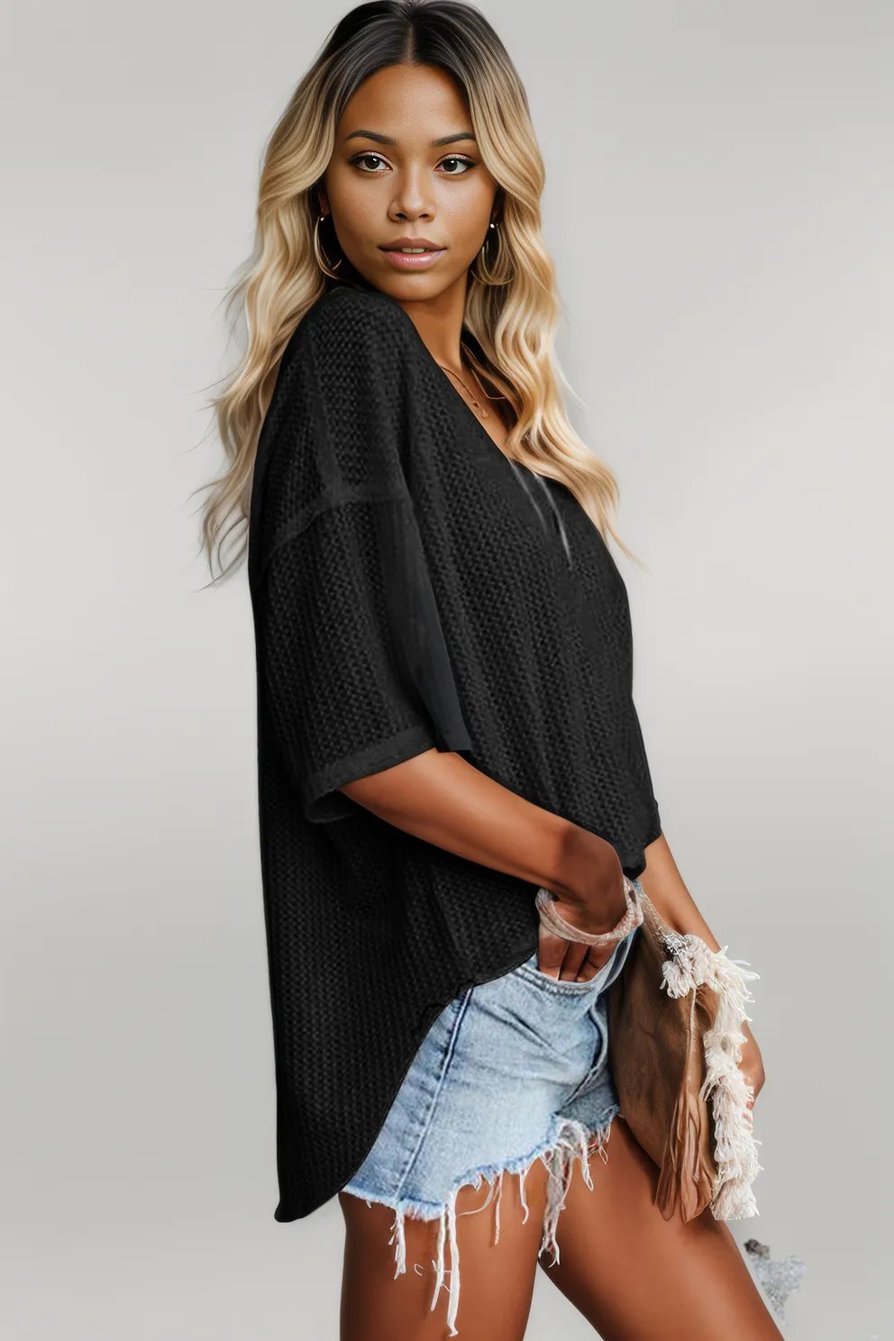 Black Waffle Knit Drop Shoulder Loose Top Black 85%Polyester+10%Viscose+5%Elastane