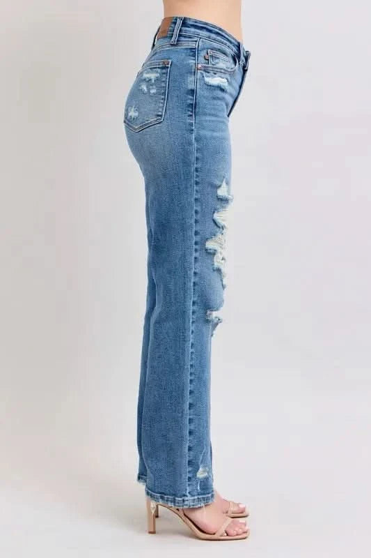 Judy Blue Full Size High Waist Heavy Destroy Straight Jeans MD