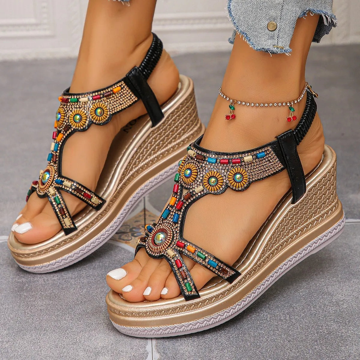 Beaded Open Toe Wedge Sandals