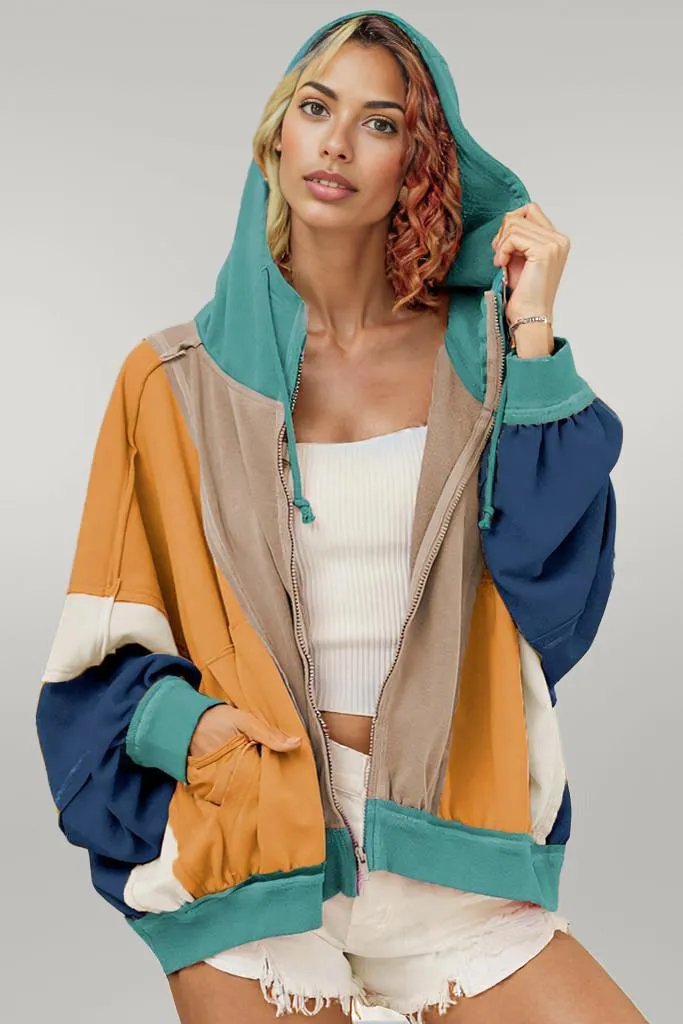 Double Take Full Size Color Block Zip Up Hoodie Khaki