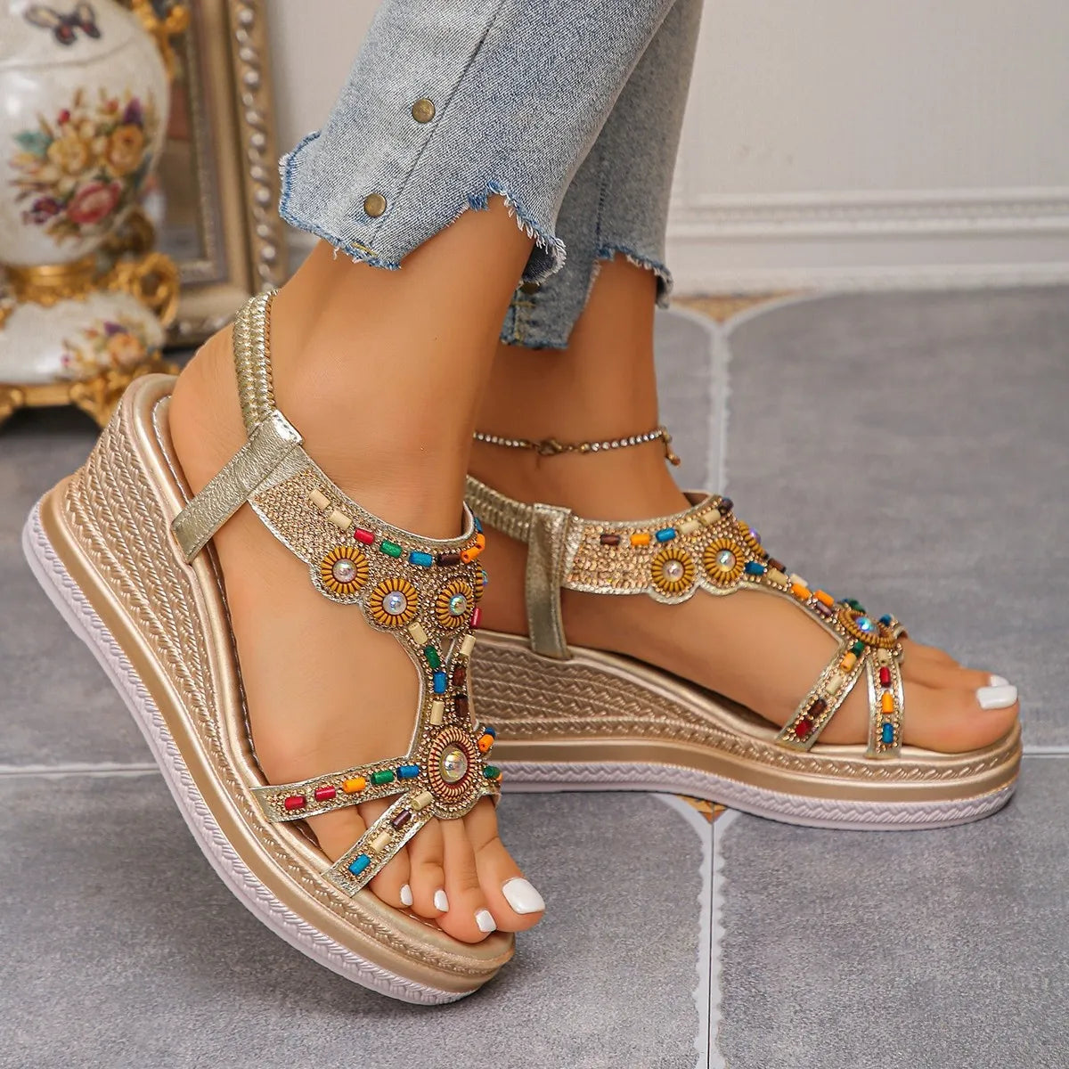 Beaded Open Toe Wedge Sandals