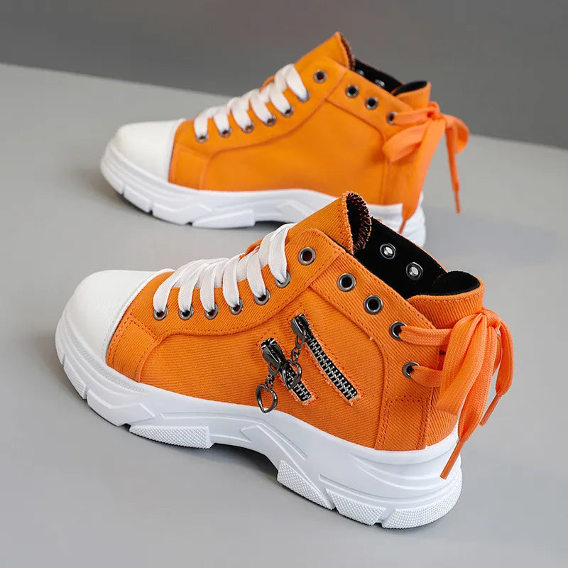 Decor Zipper Lace Up Round Toe Platform Sneakers Orange