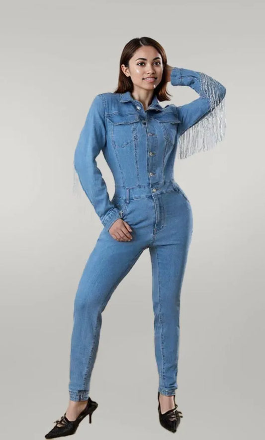 Fringe Half Button Long Sleeve Denim Jumpsuit