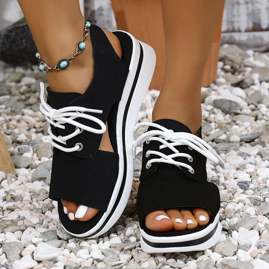 Open-Toe Lace Up Platform Sandals Black