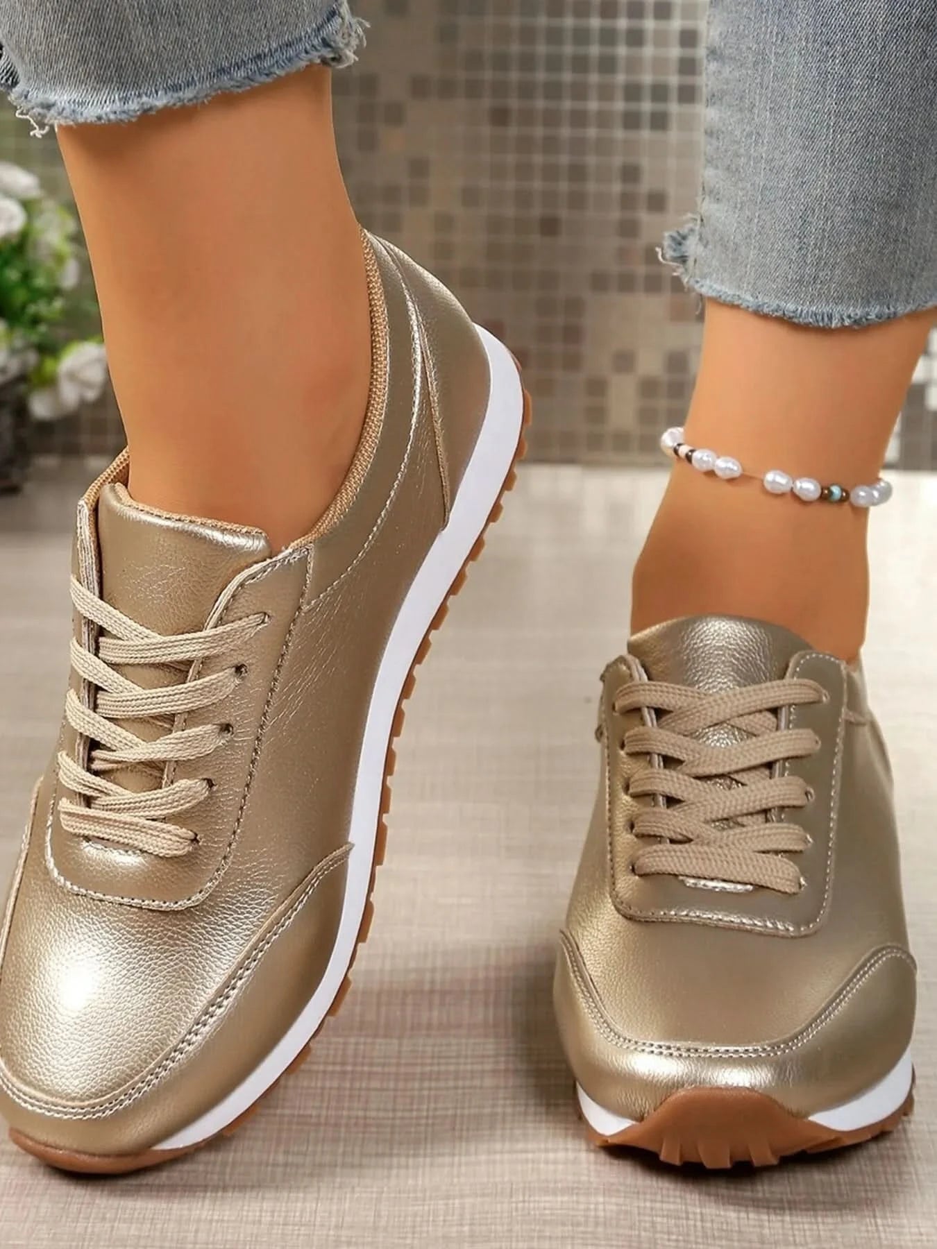 Round Toe Lace-Up Sneakers Gold