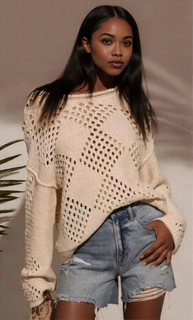 Openwork Boat Neck Long Sleeve Sweater