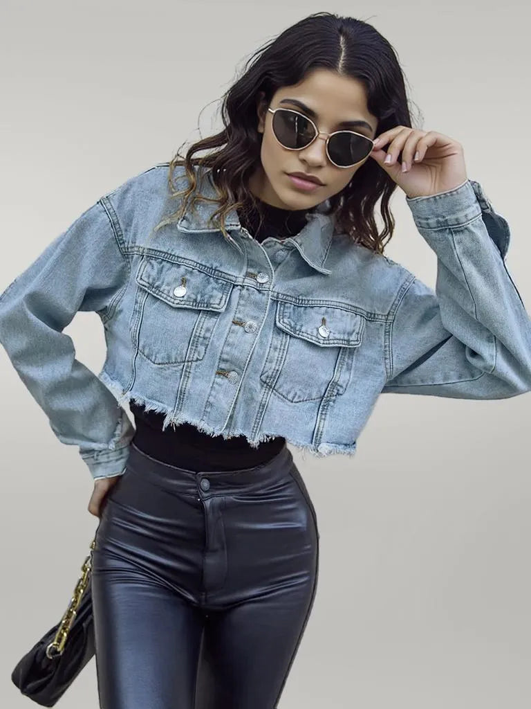 Distressed Raw Hem Cropped Denim Jacket