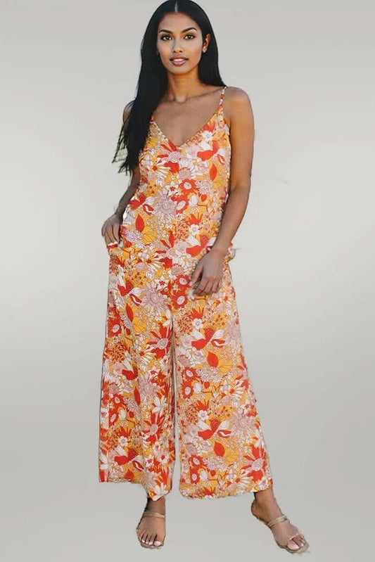 Orange Floral V Neck Wide Leg Sleeveless Jumpsuit Orange 100%Polyester