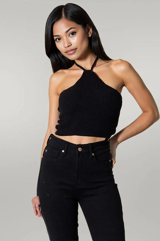 Basic Bae Halter Neck Ribbed Cropped Knit Top Black