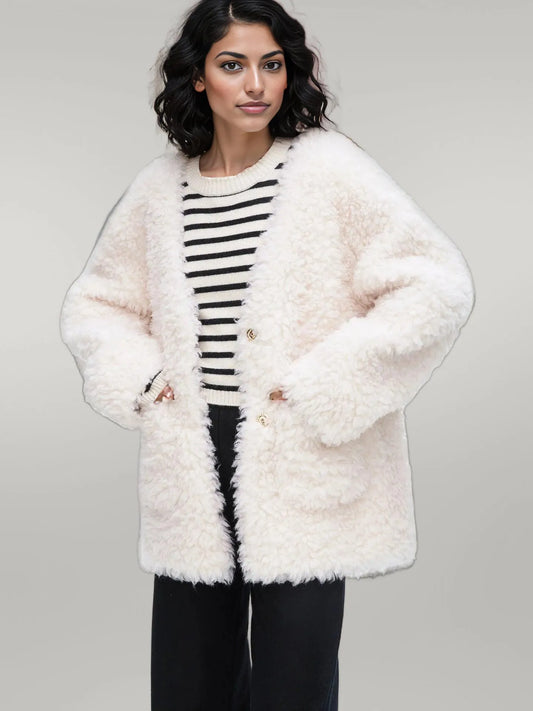 Fleece Button Up Long Sleeve Outerwear Off-white