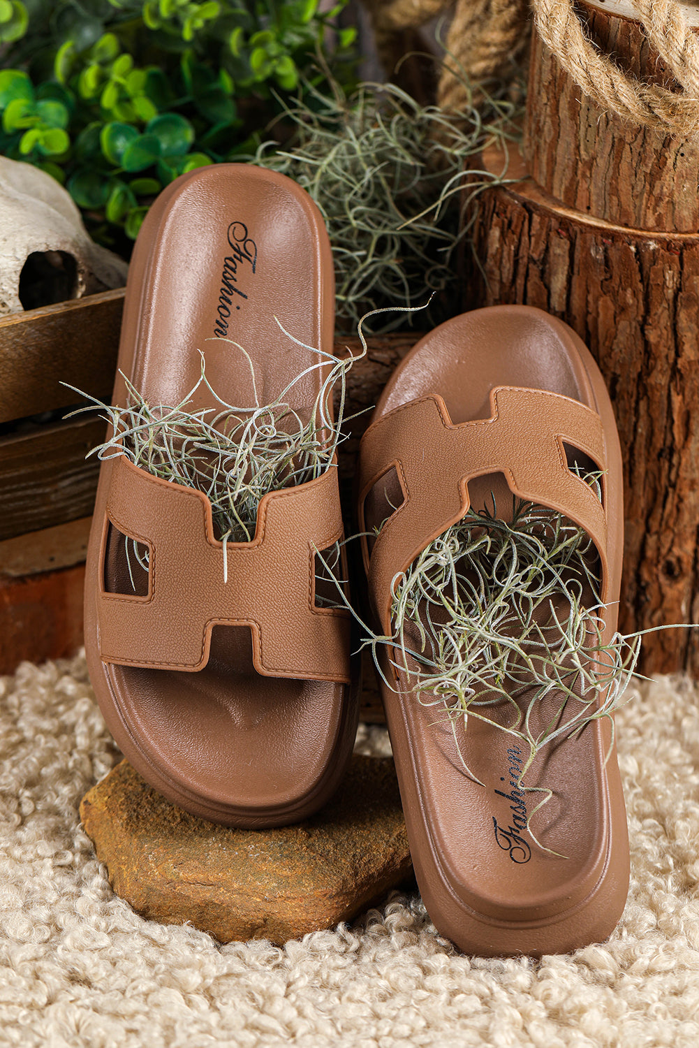 Beige Cutout Design Open Toe Platform Slippers (Run Small, Size Up)