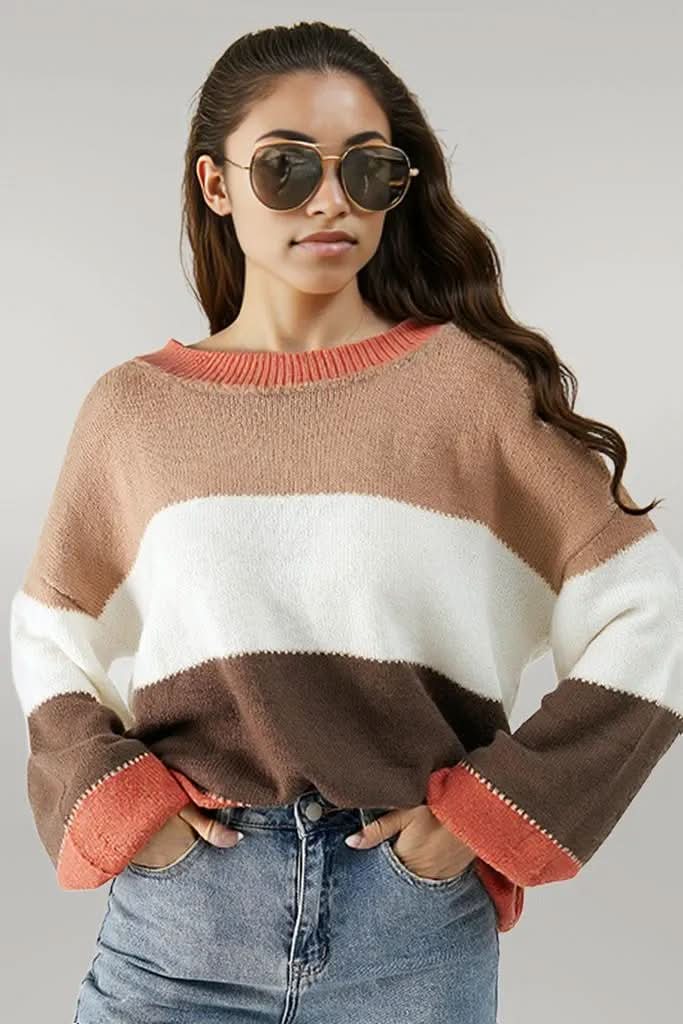 Color Block Dropped Shoulder Sweater Mocha
