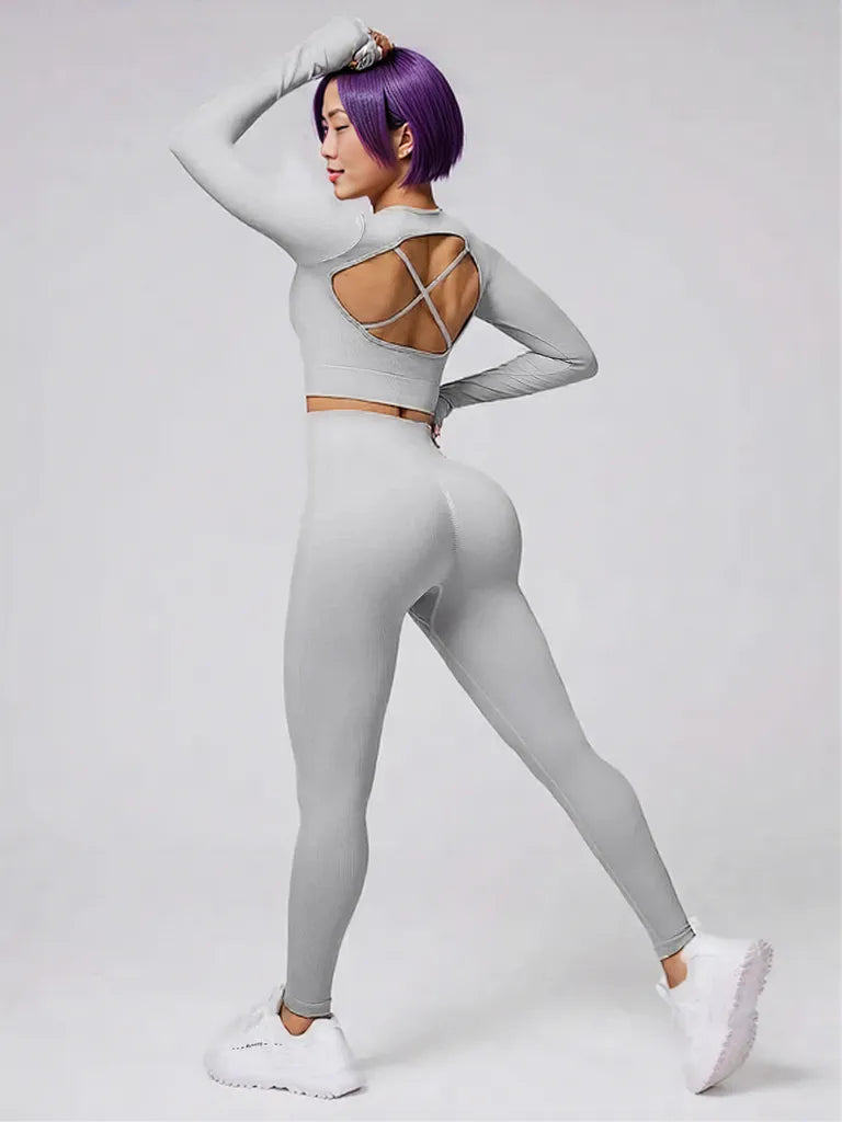 Back Crisscross Round Neck Long Sleeve Top and Leggings Active Set