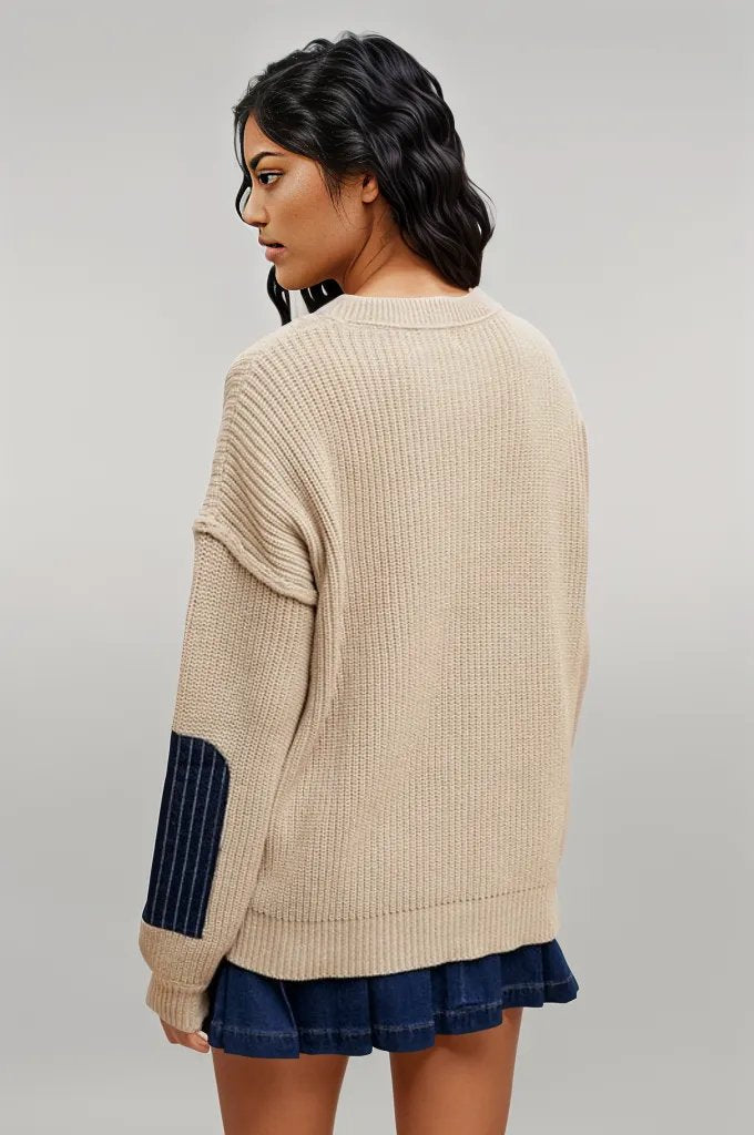 Annie Wear Contrast Round Neck Drop Shoulder Sweater with Patch Pocket