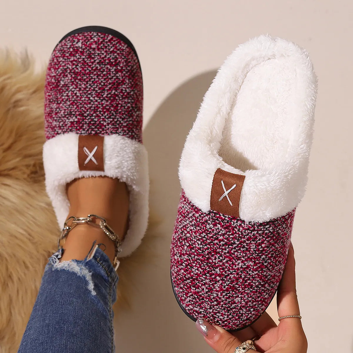 Cozy Fleece-Lined Slippers Wine Red