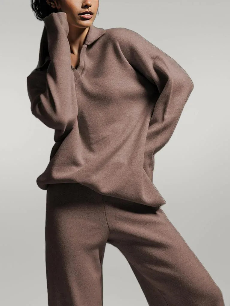 Johnny Collar Long Sleeve Top and Pants Sweater Set Taupe One Size