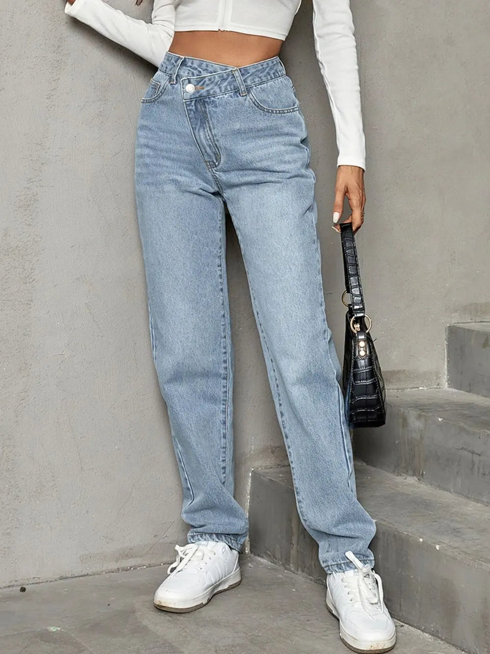Asymmetrical Waist Straight Leg Jeans Light