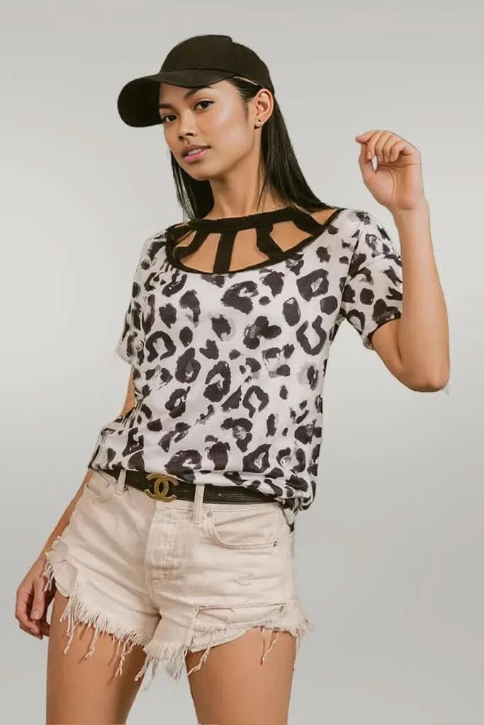 BiBi Leopard Print Front Top With Straps Detailed Front BLACK