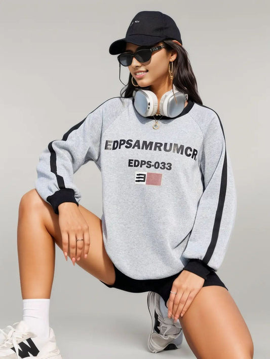 Letter Round Neck Long Sleeve Sweatshirt Light Gray