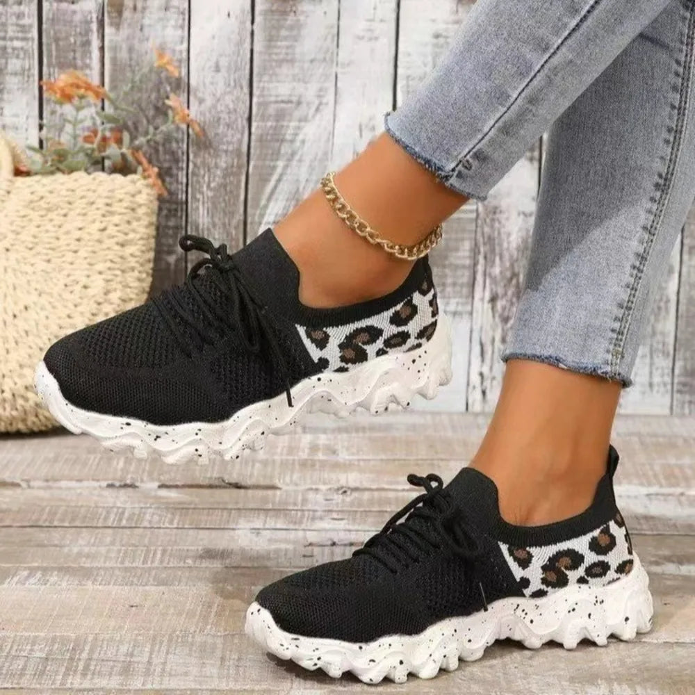 Leopard Mesh Round Toe Athletic Black