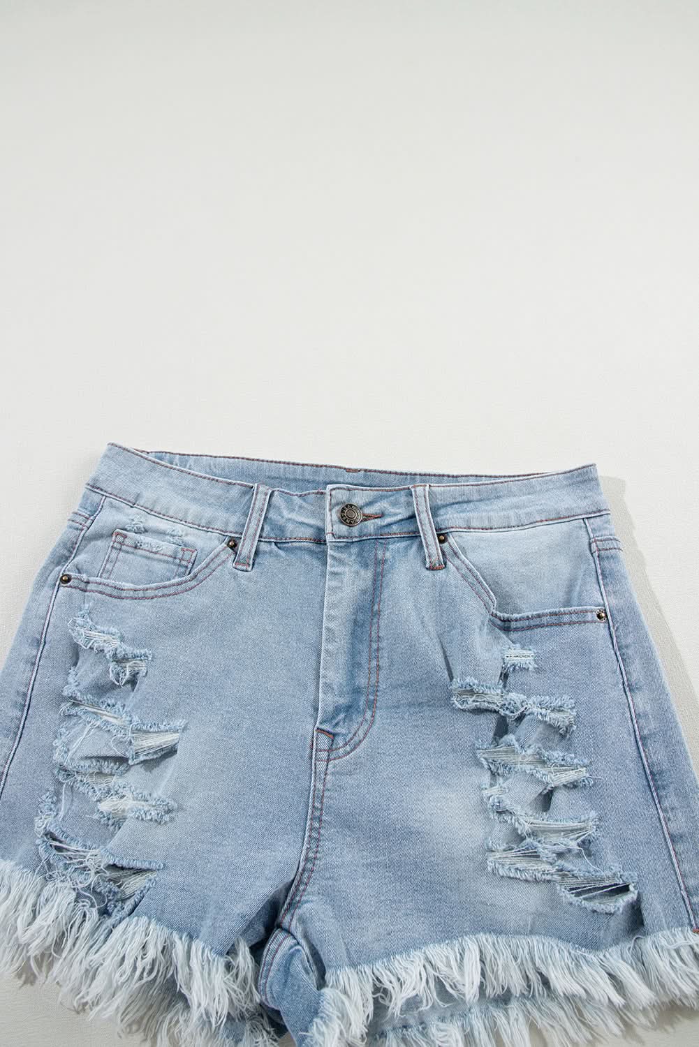 Light Blue Distressed Ripped Raw Hem High Waist Denim Shorts Light Blue 55%Cotton+42%Viscose+3%Elastane