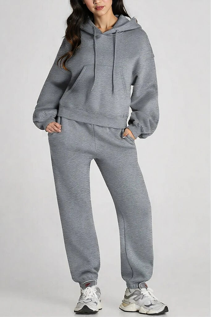 Dropped Shoulder Hooded Top and Pants Active Set Gray