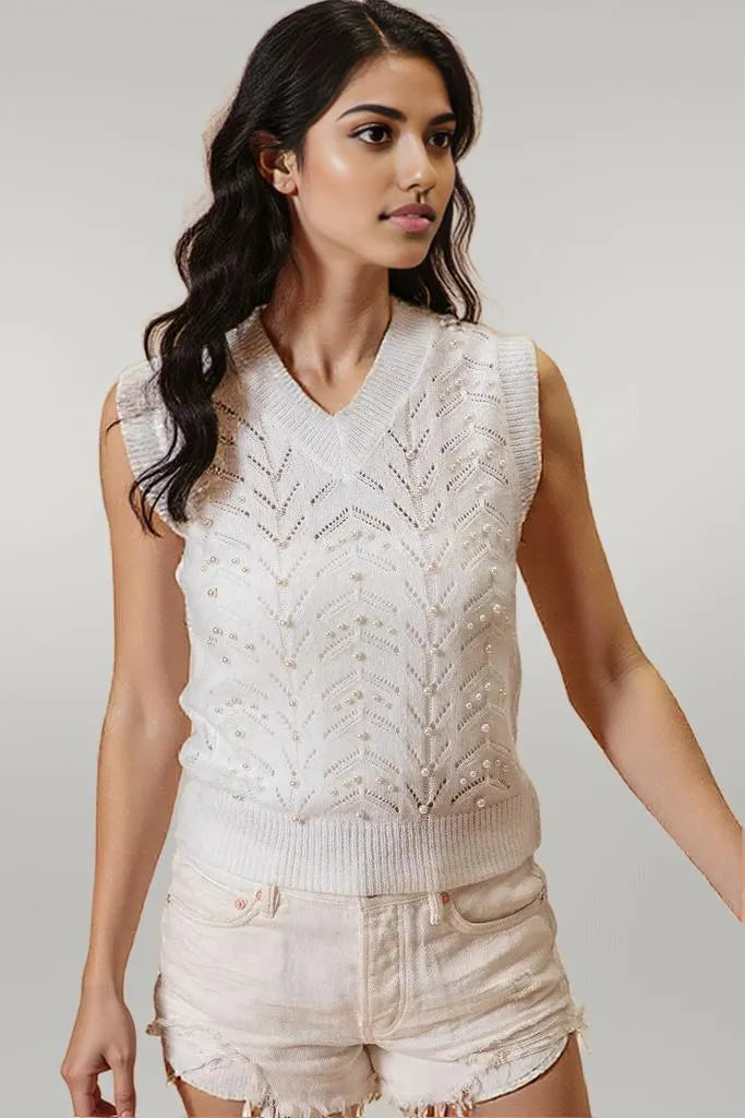 BiBi Chevron Pointelle Pearl Knit Top IVORY
