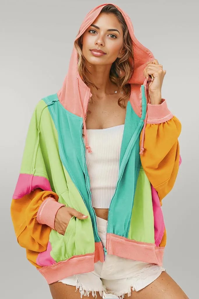 Double Take Full Size Color Block Zip Up Hoodie Tiffany Blue