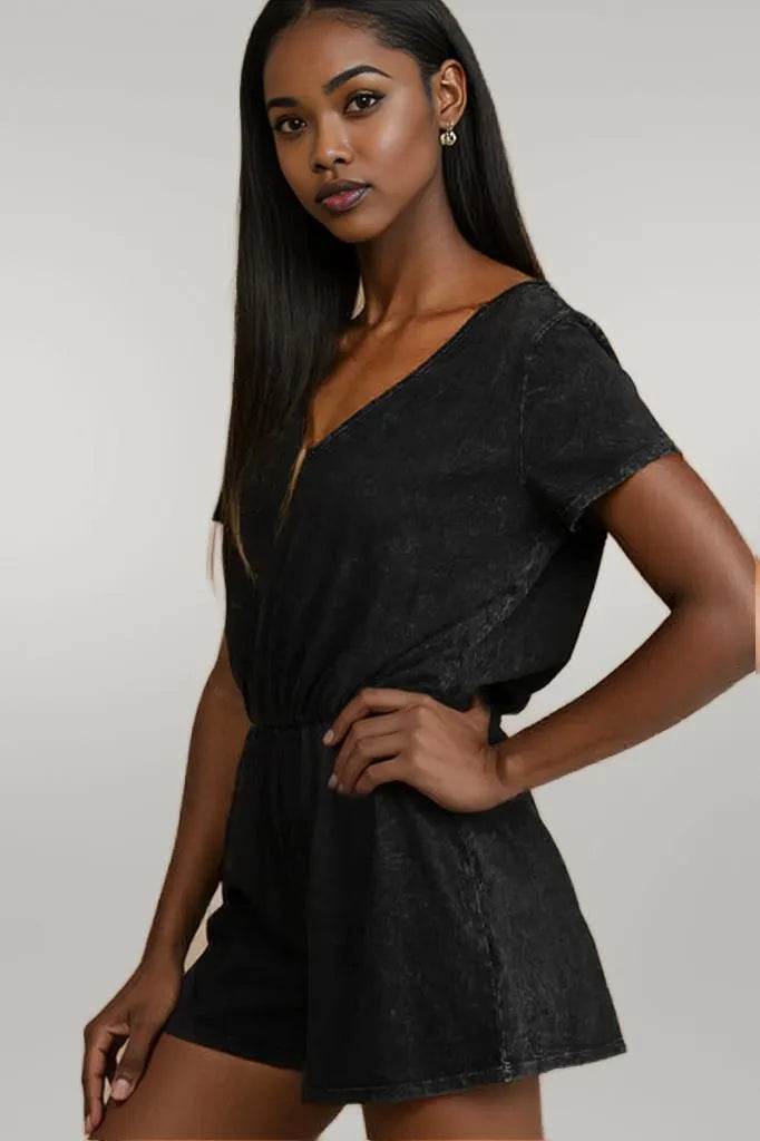 Black Acid Wash Open Back Tie Detail Short Sleeve Romper