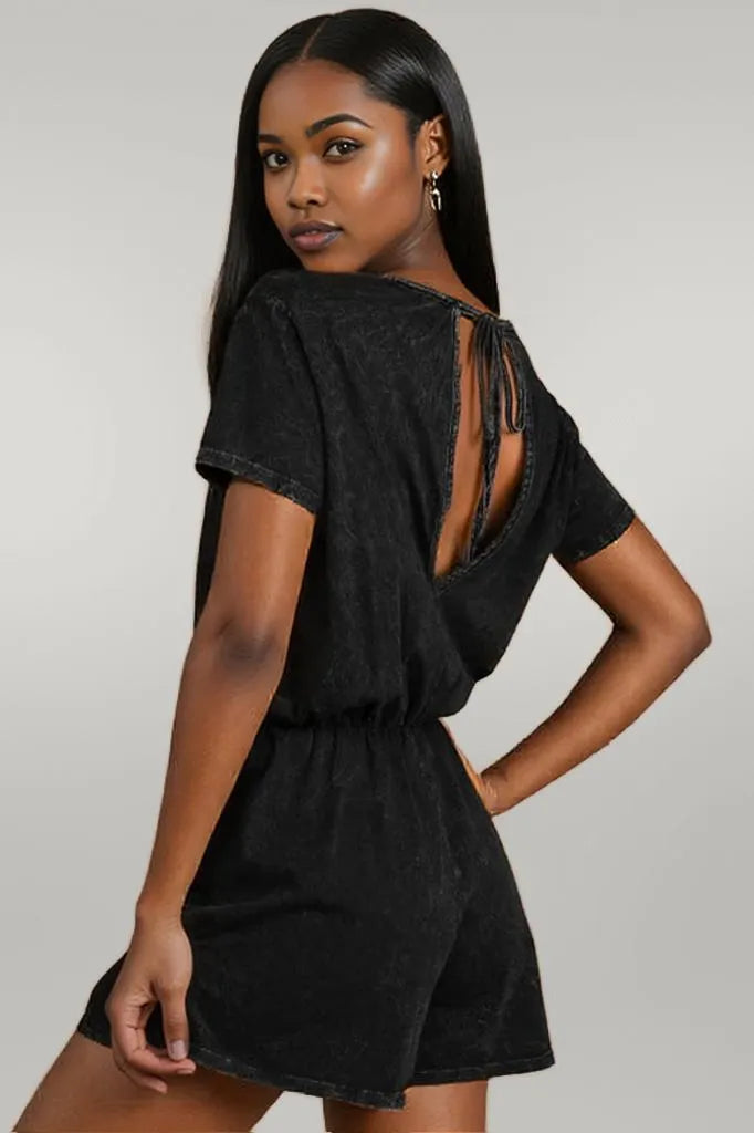 Black Acid Wash Open Back Tie Detail Short Sleeve Romper