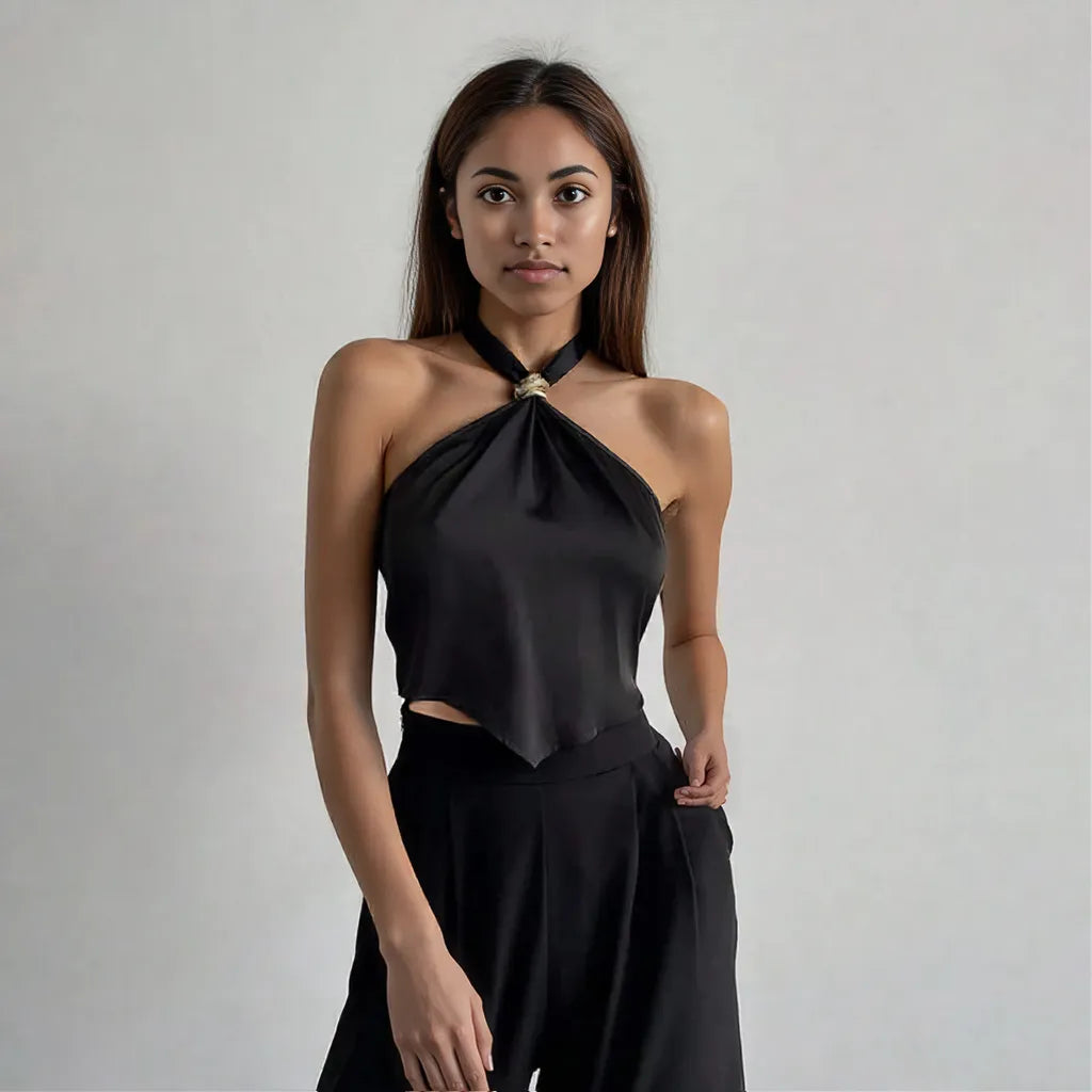 Backless Vest Top With Belt Hanging Neck