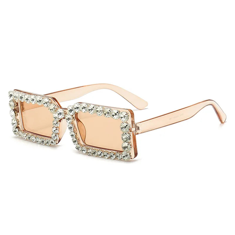 Retro Fashion Diamond Embedded Square Frame Sunglasses UV400 UV Protection Transparent Tea Frame Dried